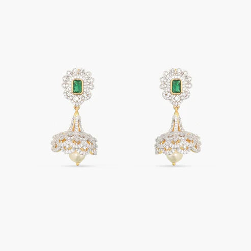 Laura Nakshatra Green CZ Jhumka Earrings - Elegant White Gold Plated Design