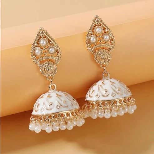 Trendy Faux Pearl Tassel Drop Jhumka Earrings - Gold/White